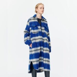 Munthe long fuzzy check coat size 34 DE XS/S
